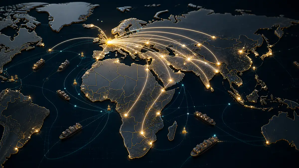 3D Weltkarte mit internationalen Autoexport-Routen