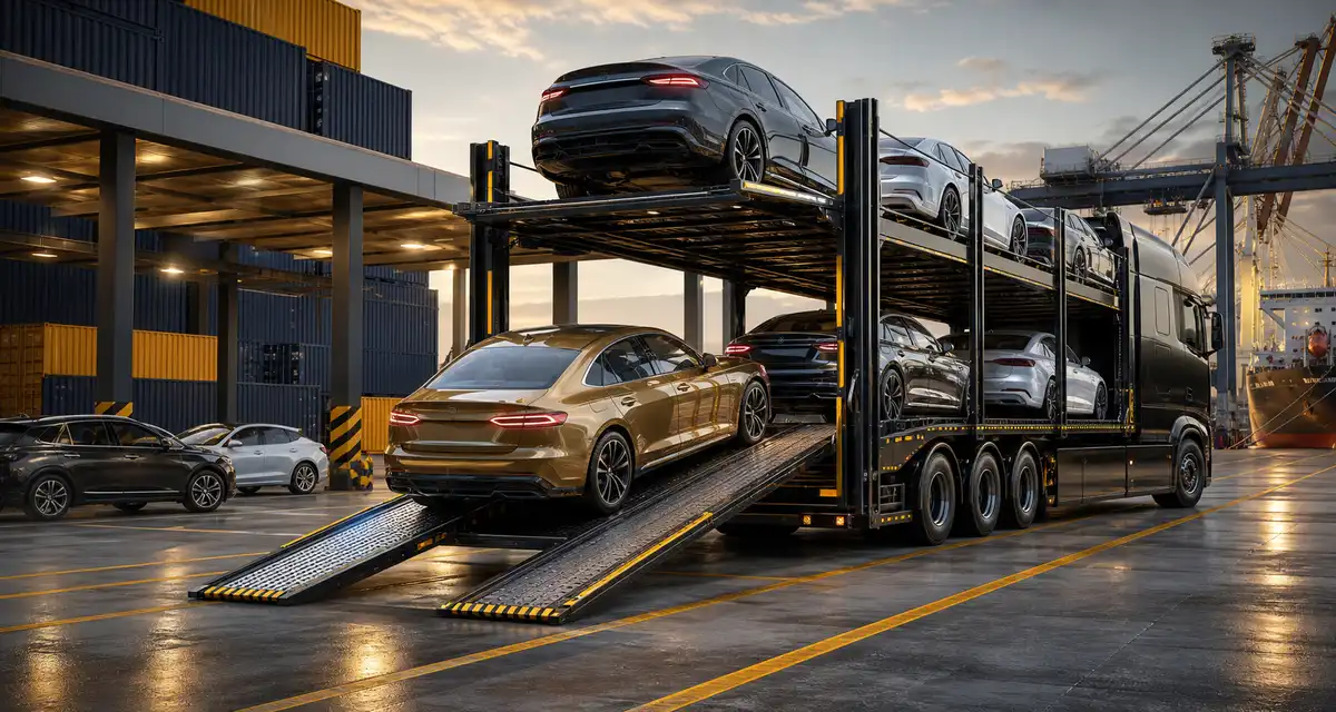 3D Autotransporter im Export-Terminal